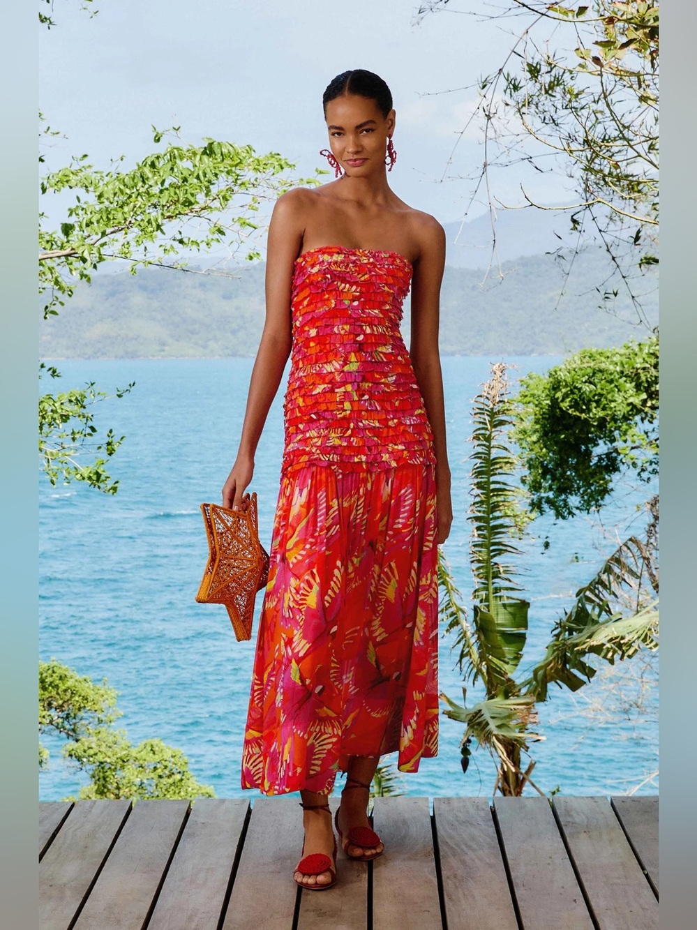 Farm Rio Orange Flying Birds Strapless Midi Dress. NWT.